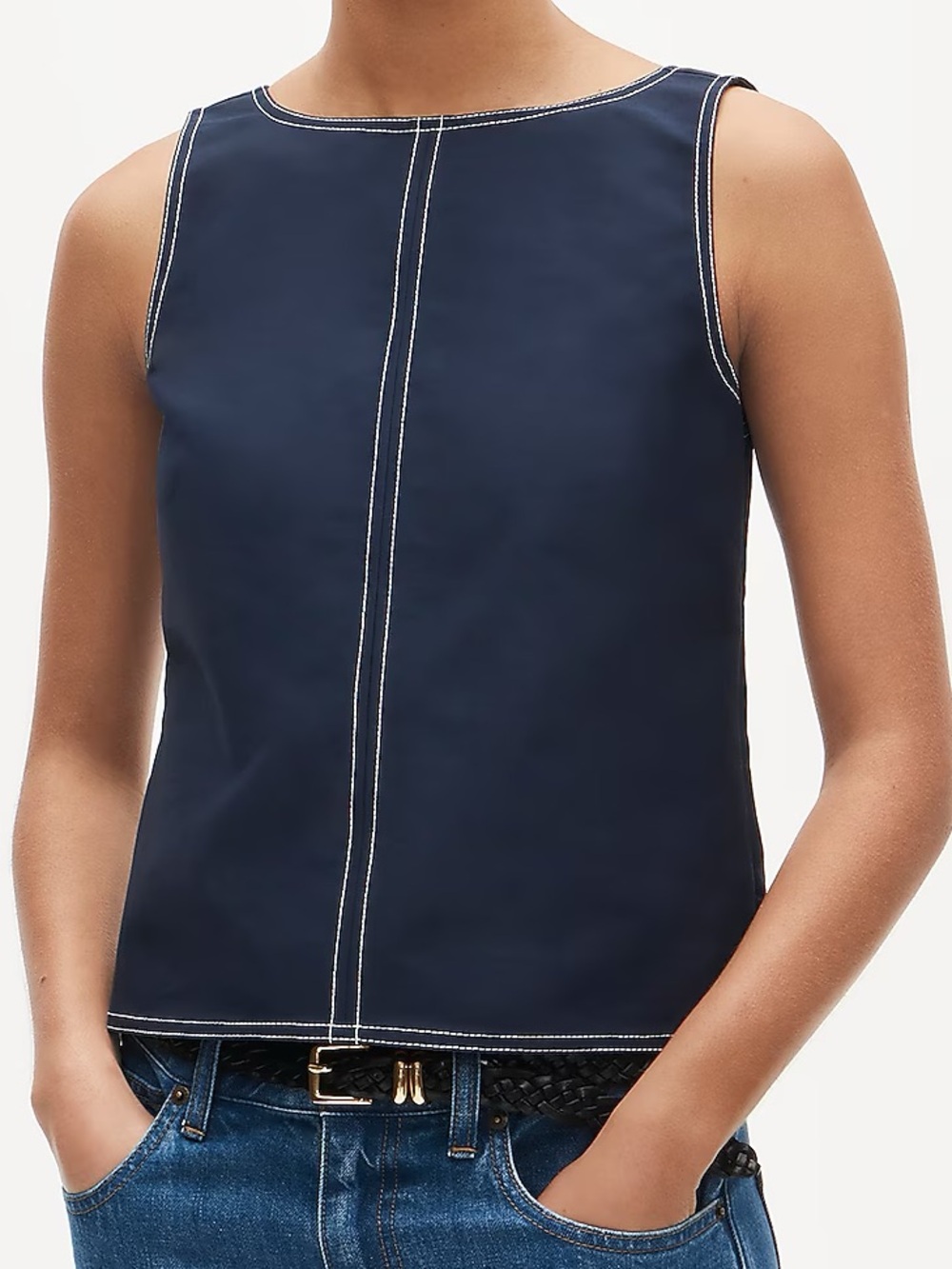 NWOT | J.Crew Navy Contrast-Stitch Shell Top Tank Double Cotton Poplin Size 12
